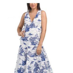 NWT 4Our Dreamers Blue White Deep V Neck Lace Eyelet Tiered Cotton Midi Dress